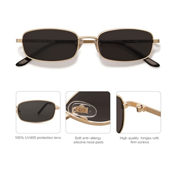 New Black / Gold Retro Hippie Rectangle 70s 80s Small Narrow Sunglasses